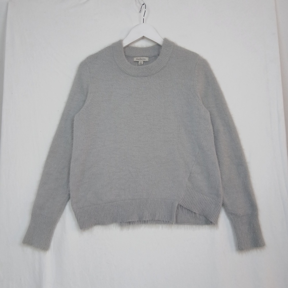 Calvin Klein Jeans Womens Light Grey Fuzzy Crewneck Knit Sweater Size S